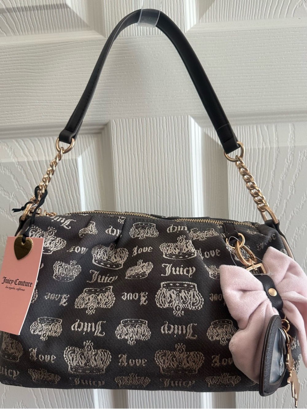 Juicy Couture Fan Club Chocolate Logo Shoulder Bag with Pink Bow Charm New